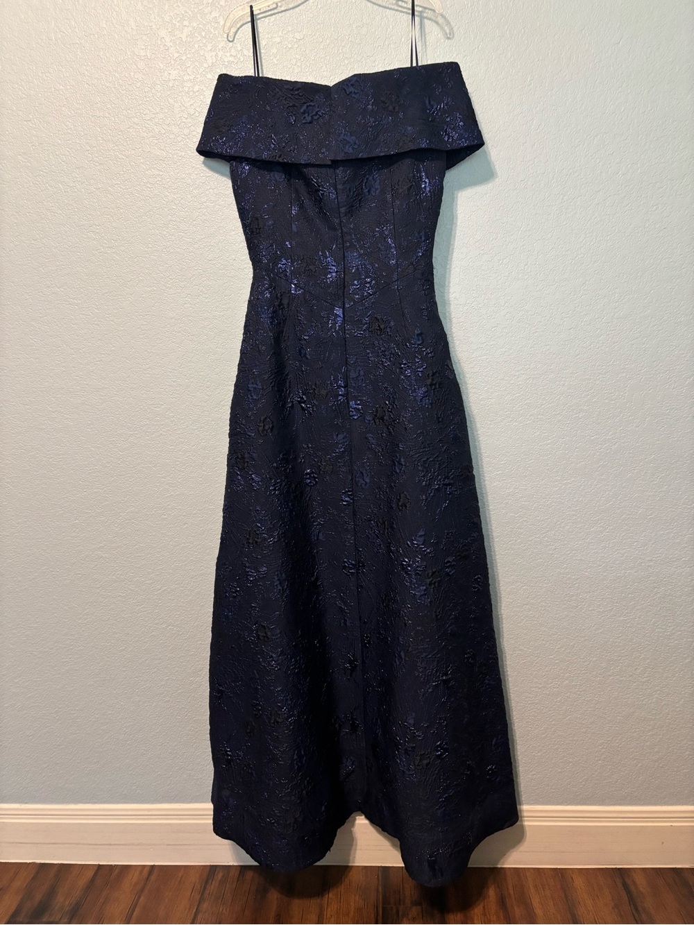Rickie Freeman for Teri Jon Strapless Navy Floral Jacquard Gown